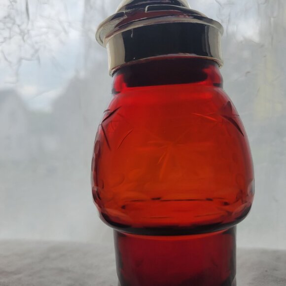 Vintage Red Glass Syrup Dispenser Condiment Jar Silver Hinged Lid Etched Floral - Picture 7 of 8
